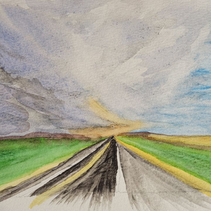 Watercolor painting of a road, mountains, and clouds.