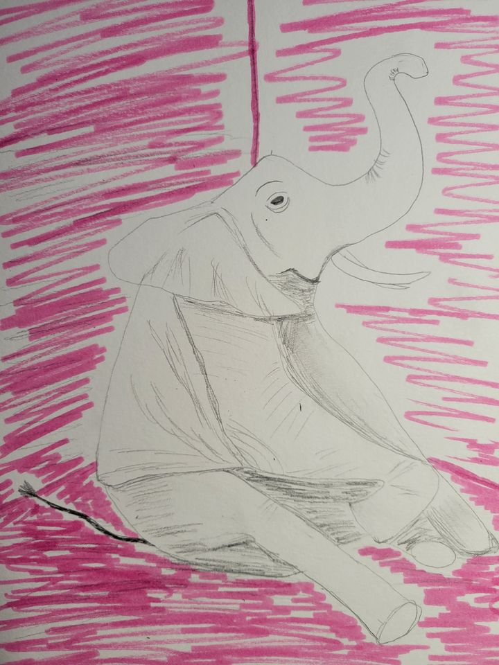 A pencil drawing of a seated elephant.