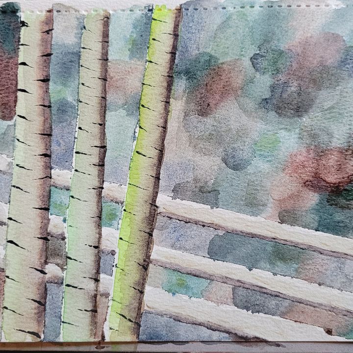 A watercolor painting of three trees and a fence.