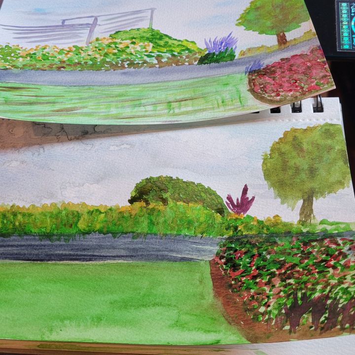 Two watercolor pictures of a field, a path, and random trees.