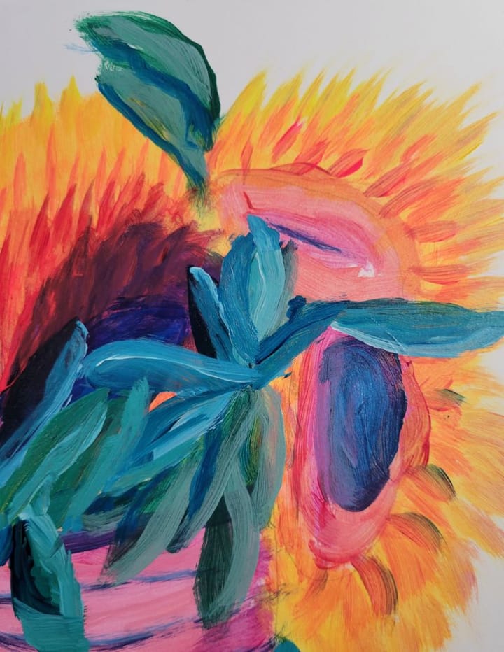 A painting of multicolored sunflowers.