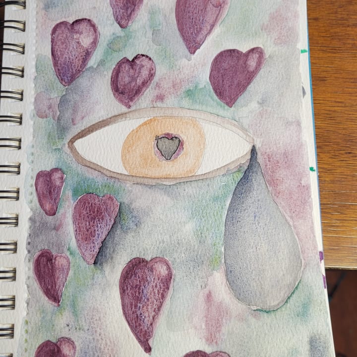 Watercolor picture of an eye with a tear and hearts surrounding it.